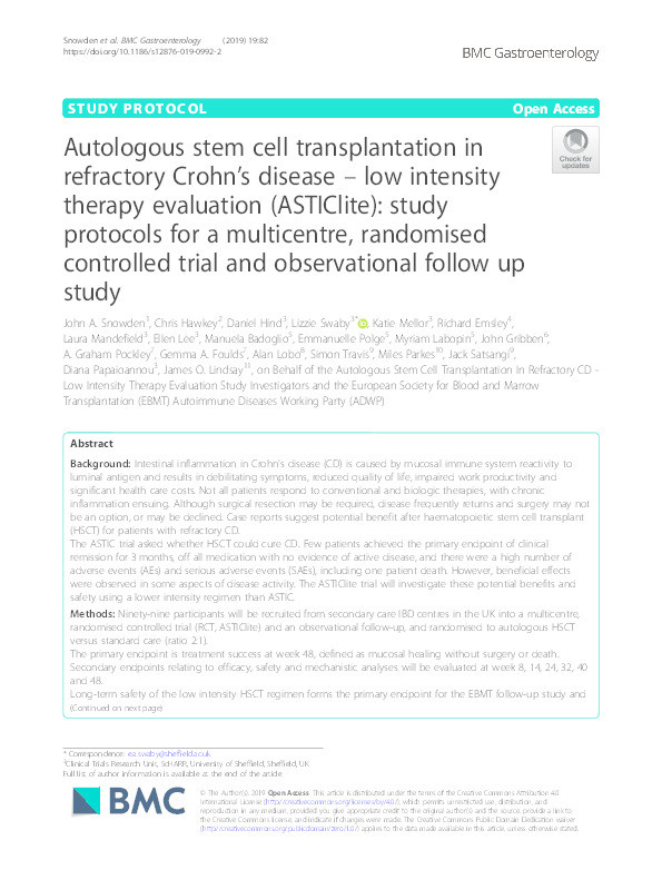 Autologous stem cell transplantation in refractory Crohn’s disease – low intensity therapy evaluation (ASTIClite): study protocols for a multicentre, randomised controlled trial and observational follow up study Thumbnail