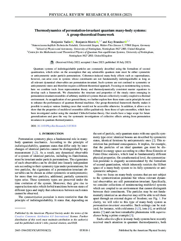 Thermodynamics of permutation-invariant quantum many-body systems: A group-theoretical framework Thumbnail