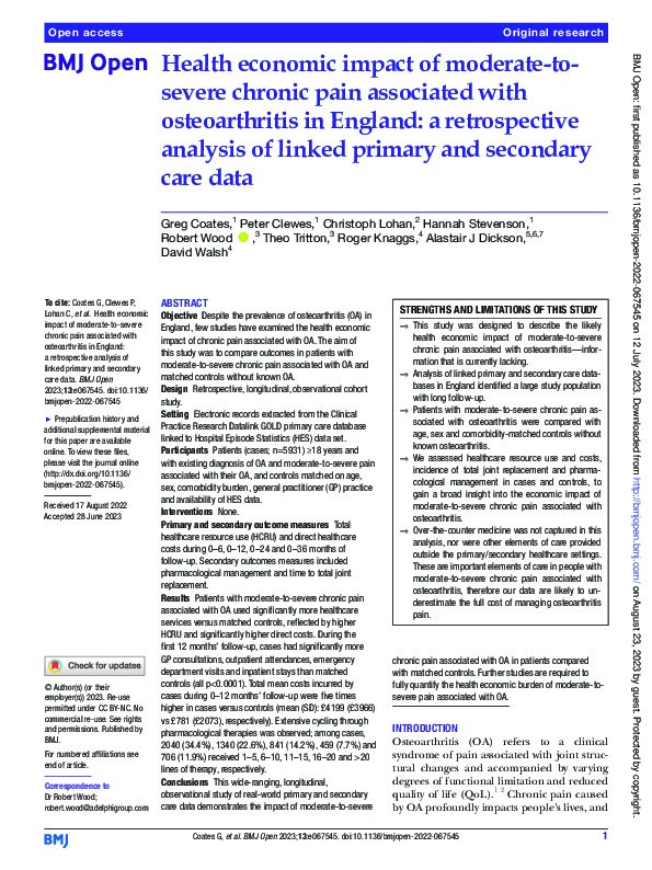 Health economic impact of moderate-to-severe chronic pain associated with osteoarthritis in England: a retrospective analysis of linked primary and secondary care data Thumbnail