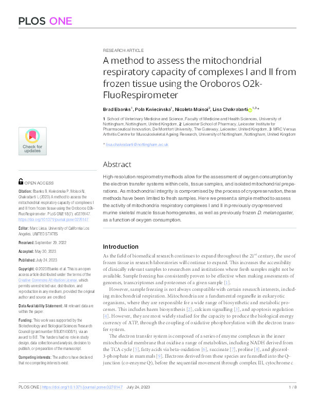 A method to assess the mitochondrial respiratory capacity of complexes I and II from frozen tissue using the Oroboros O2k-FluoRespirometer Thumbnail