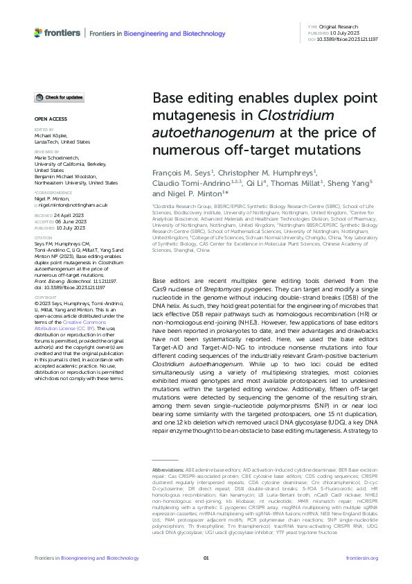 Base editing enables duplex point mutagenesis in Clostridium autoethanogenum at the price of numerous off-target mutations Thumbnail