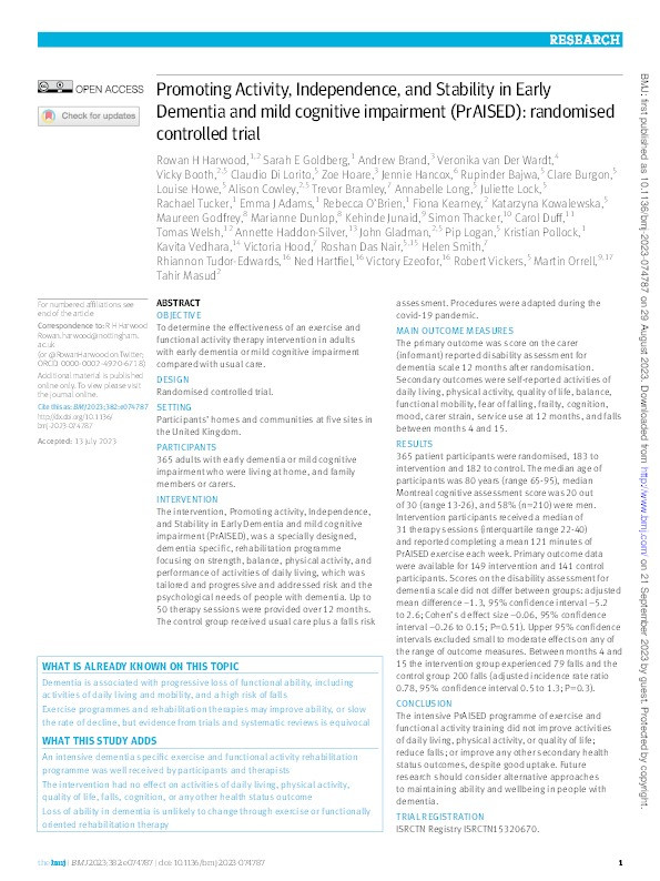 Promoting Activity, Independence and Stability in early dementia and mild cognitive impairment (PrAISED): randomised controlled trial Thumbnail