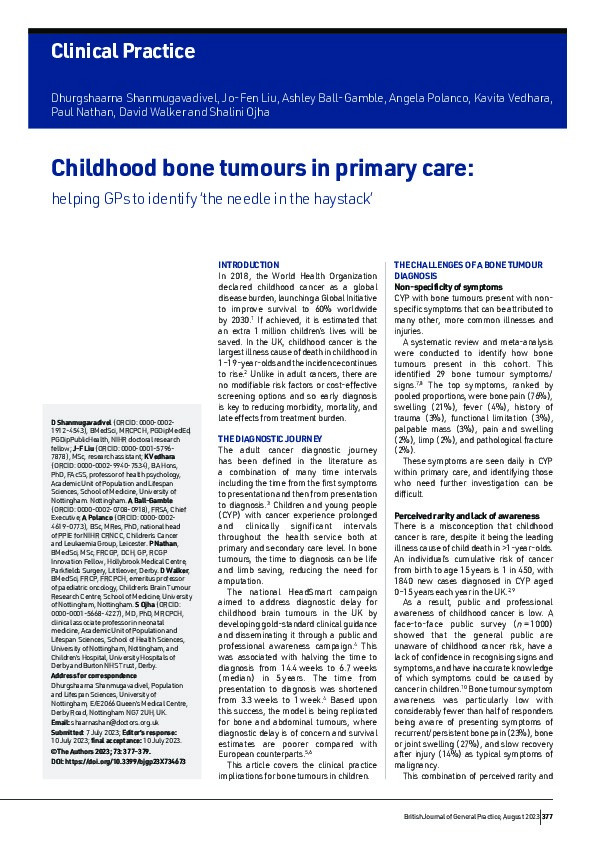 Childhood bone tumours in primary care: helping GPs to identify ‘the needle in the haystack’ Thumbnail