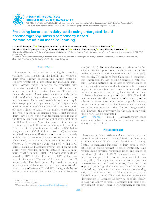 Predicting lameness in dairy cattle using untargeted liquid chromatography–mass spectrometry-based metabolomics and machine learning Thumbnail