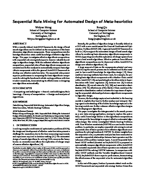 Sequential Rule Mining for Automated Design of Meta-heuristics Thumbnail