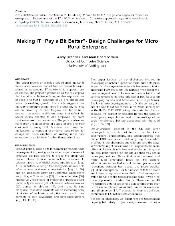 Making it "pay a bit better": design challenges for micro rural enterprise Thumbnail