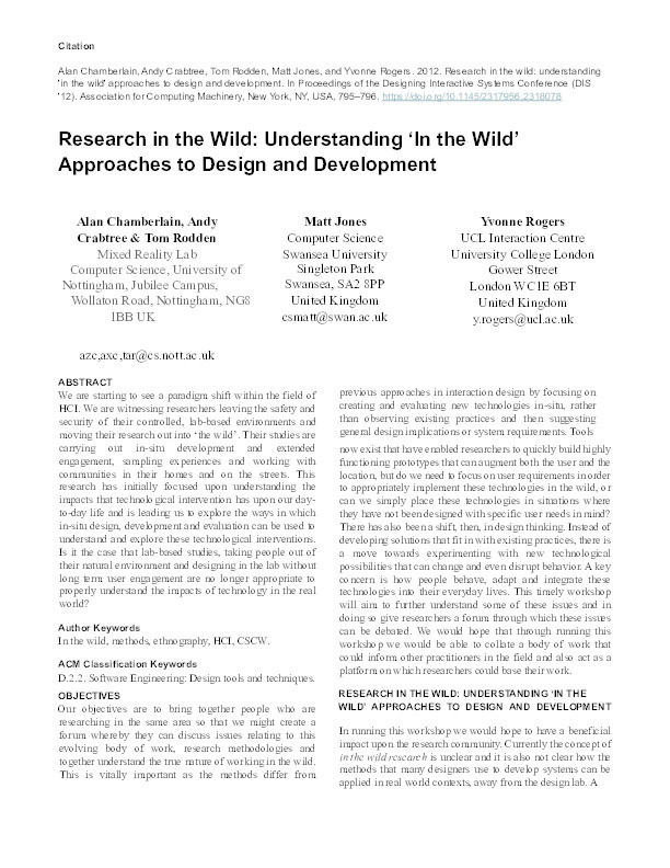 Research in the wild: understanding 'in the wild' approaches to design and development Thumbnail