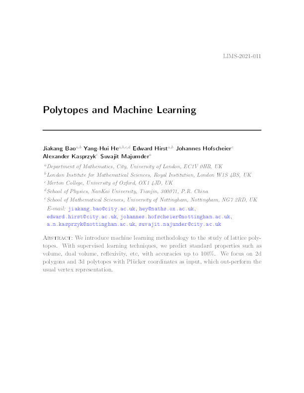 Polytopes and machine learning Thumbnail