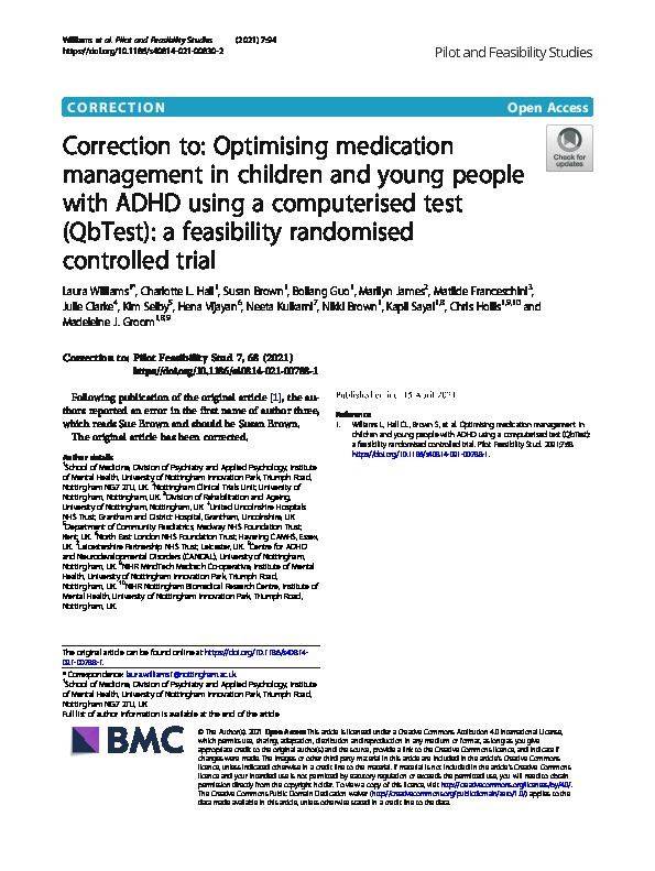 Correction to: Optimising medication management in children and young people with ADHD using a computerised test (QbTest): a feasibility randomised controlled trial Thumbnail