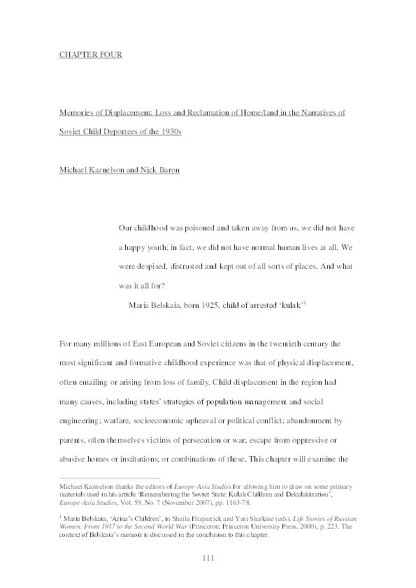 Memories of Displacement: Loss and Reclamation of Home/land in the Narratives of Soviet Child Deportees of the 1930s Thumbnail