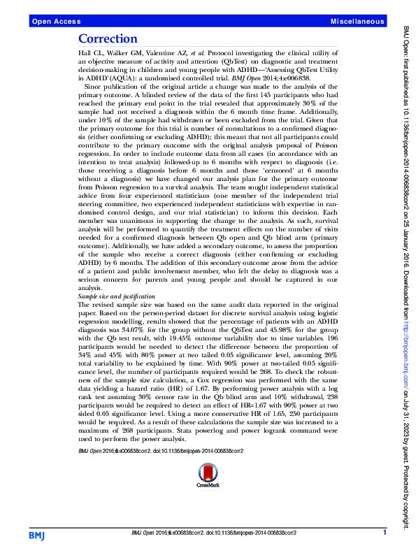 Correction: Protocol investigating the clinical utility of an objective measure of activity and attention (QbTest) on diagnostic and treatment decision-making in children and young people with ADHD-'Assessing QbTest Utility in ADHD'(AQUA): A randomised controlled trial - December 01, 2014 Thumbnail