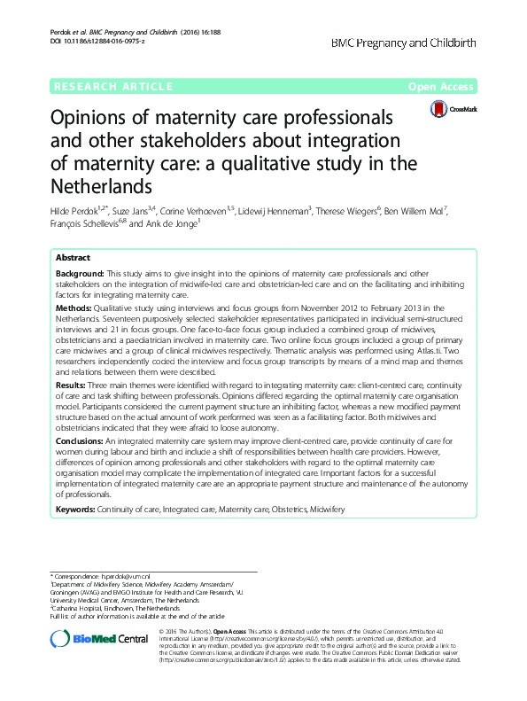 Opinions of maternity care professionals and other stakeholders about integration of maternity care: A qualitative study in the Netherlands Thumbnail