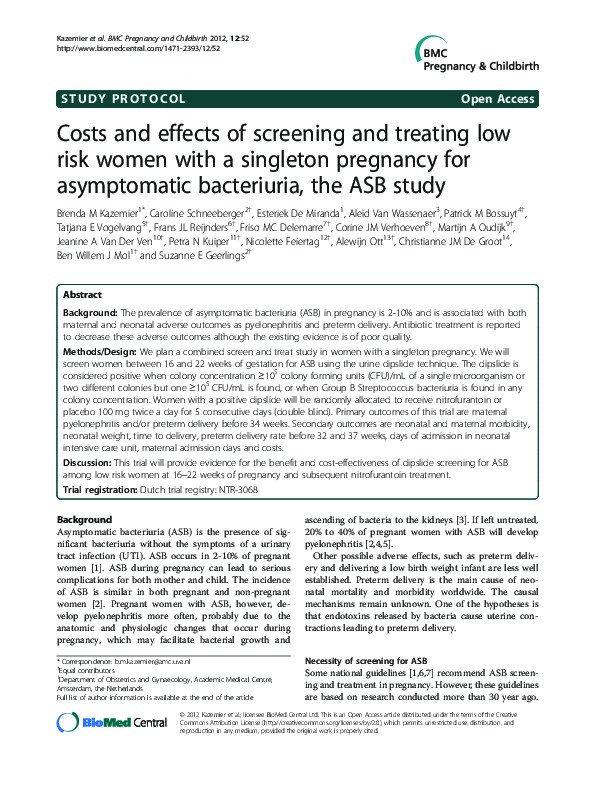 Costs and effects of screening and treating low risk women with a singleton pregnancy for asymptomatic bacteriuria, the ASB study Thumbnail