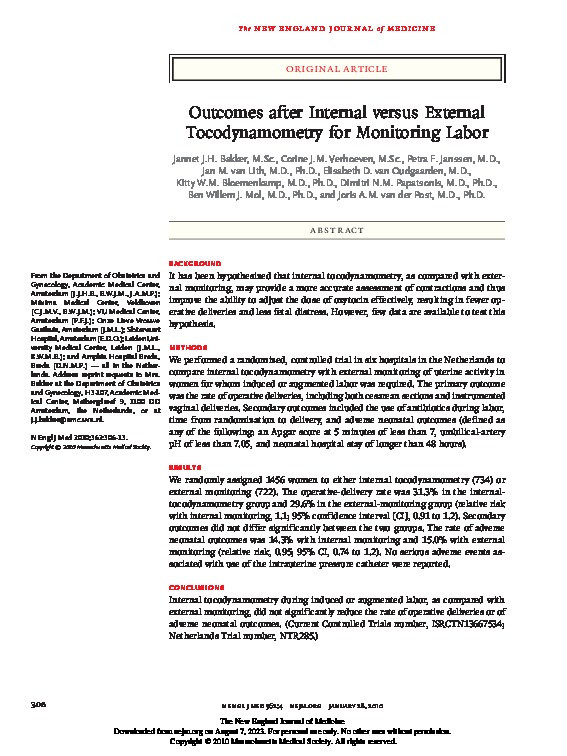 Outcomes after internal versus external tocodynamometry for monitoring labor Thumbnail
