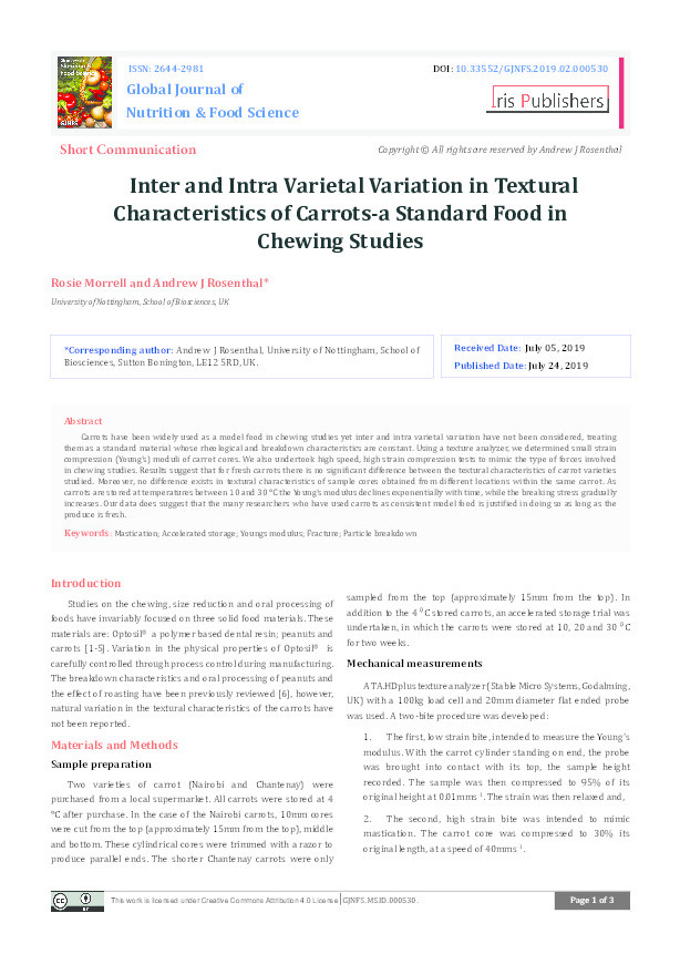 Inter and Intra Varietal Variation in Textural Characteristics of Carrots: a Standard Food in Chewing Studies Thumbnail