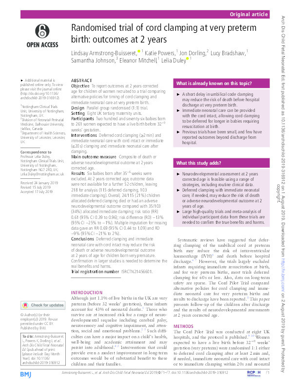 Randomised trial of cord clamping at very preterm birth: outcomes at 2 years Thumbnail