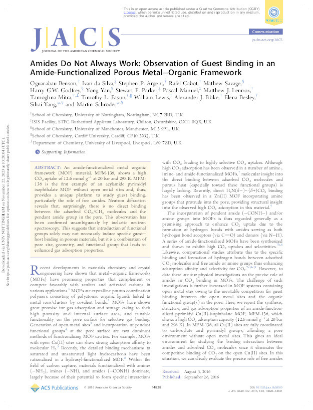 Amides Do Not Always Work: Observation of Guest Binding in an Amide-Functionalized Porous Metal-Organic Framework Thumbnail