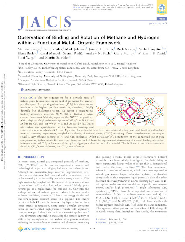 Observation of Binding and Rotation of Methane and Hydrogen within a Functional Metal-Organic Framework Thumbnail