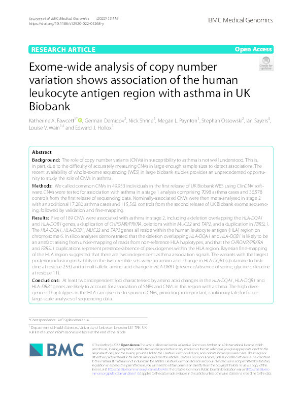 Exome-wide analysis of copy number variation shows association of the human leukocyte antigen region with asthma in UK Biobank Thumbnail