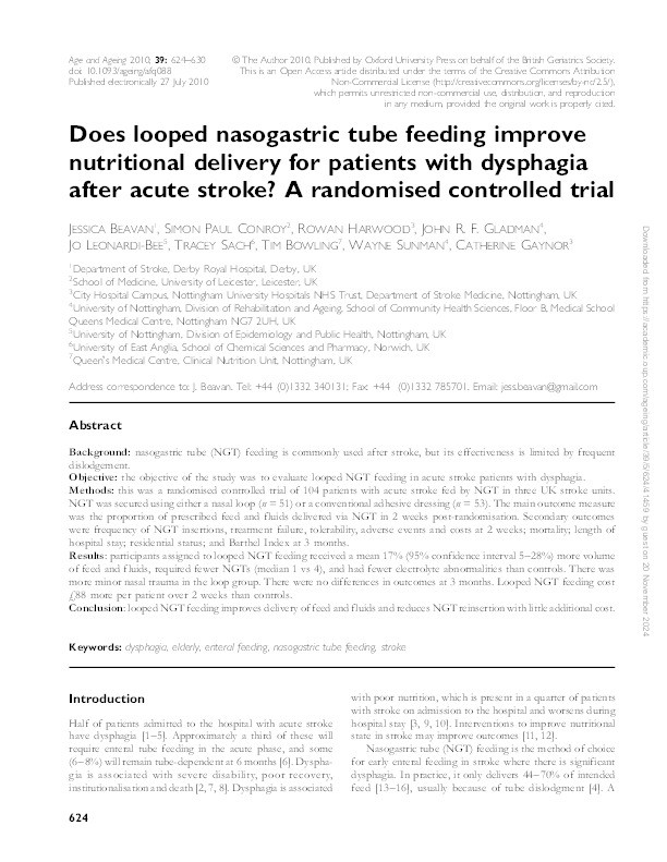 Does looped nasogastric tube feeding improve nutritional delivery for patients with dysphagia after acute stroke? A randomised controlled trial Thumbnail