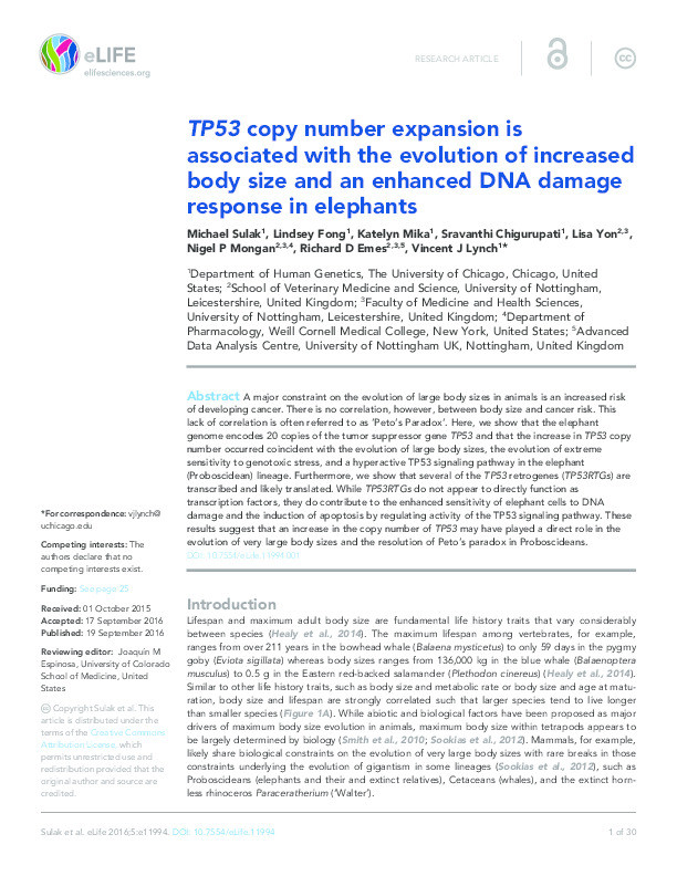 TP53 copy number expansion is associated with the evolution of increased body size and an enhanced DNA damage response in elephants Thumbnail