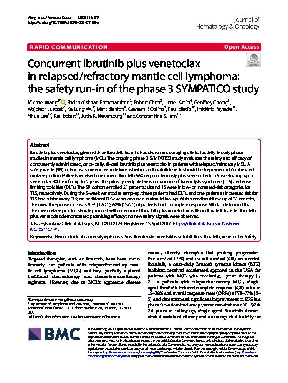 Concurrent ibrutinib plus venetoclax in relapsed/refractory mantle cell lymphoma: the safety run-in of the phase 3 SYMPATICO study Thumbnail