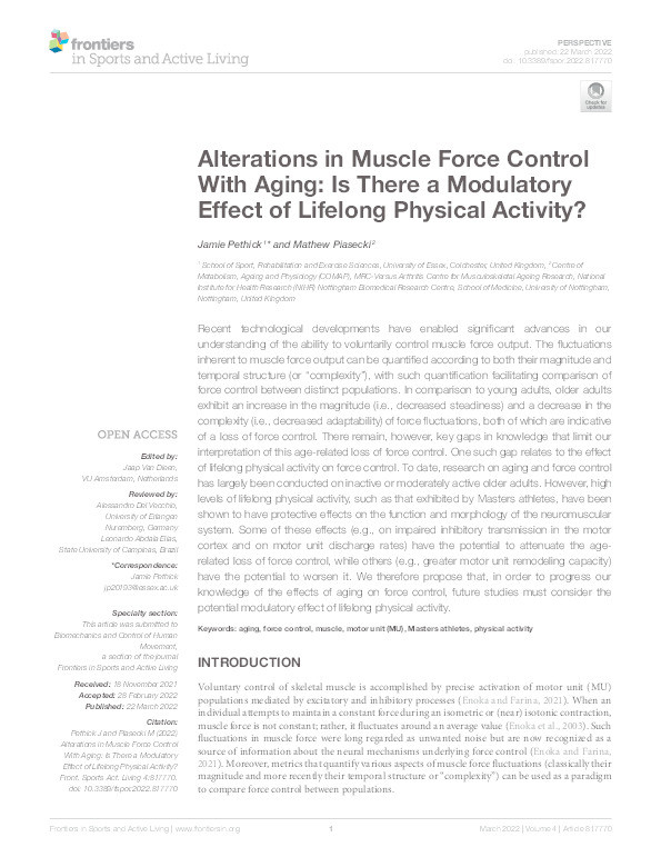 Alterations in Muscle Force Control With Aging: Is There a Modulatory Effect of Lifelong Physical Activity? Thumbnail