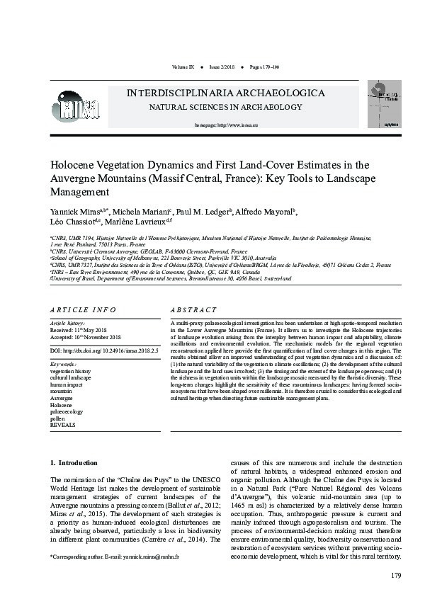 Holocene Vegetation Dynamics and First Land-Cover Estimates in the Auvergne Mountains (Massif Central, France): Key Tools to Landscape Management Thumbnail