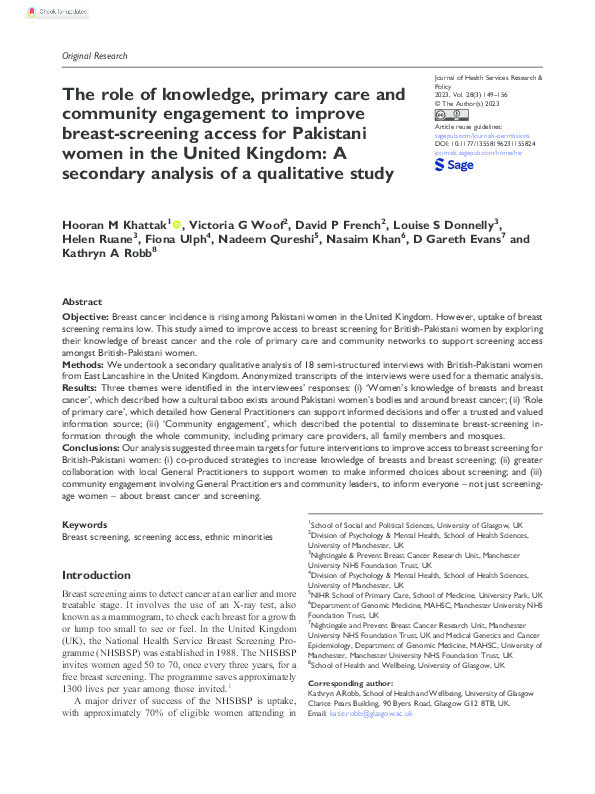The role of knowledge, primary care and community engagement to improve breast-screening access for Pakistani women in the United Kingdom: A secondary analysis of a qualitative study Thumbnail