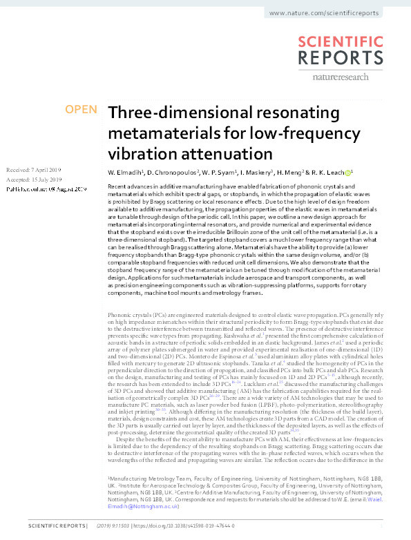 Three-dimensional resonating metamaterials for low-frequency vibration attenuation Thumbnail