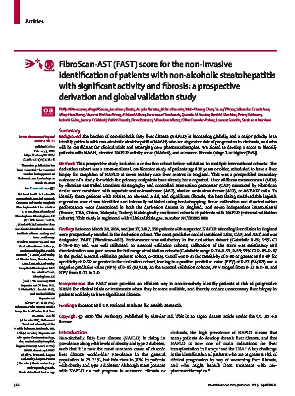 FibroScan-AST (FAST) score for the non-invasive identification of patients with non-alcoholic steatohepatitis with significant activity and fibrosis: a prospective derivation and global validation study Thumbnail