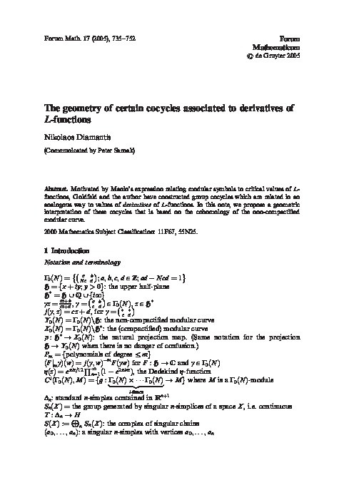 The geometry of certain cocycles associated to derivatives of L-functions Thumbnail