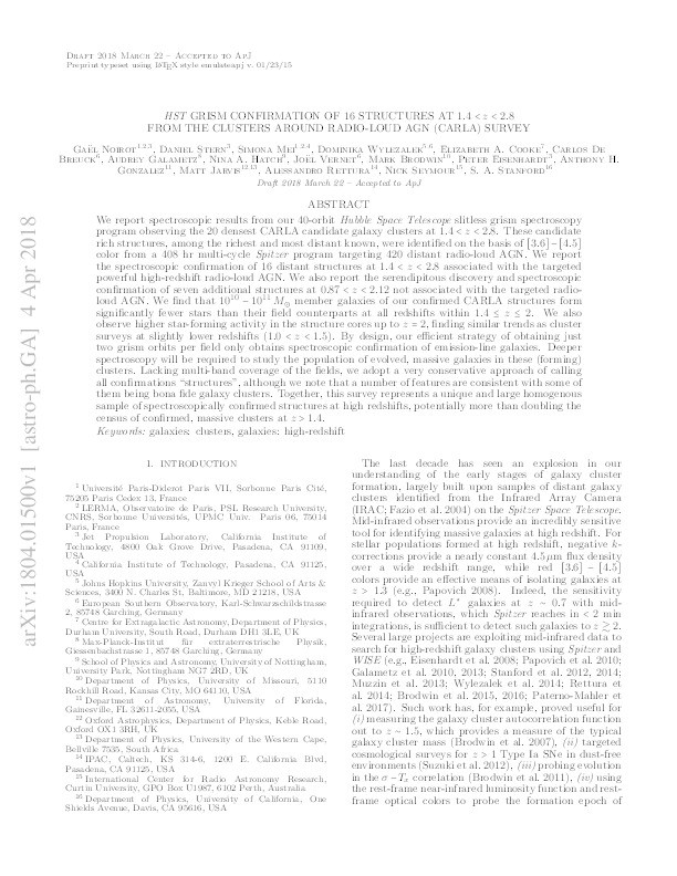 HST Grism Confirmation of 16 Structures at 1.4<z<2.8 from the Clusters Around Radio-Loud AGN (CARLA) Survey Thumbnail