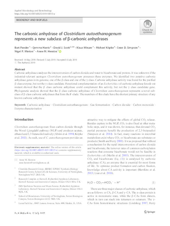 The carbonic anhydrase of Clostridium autoethanogenum represents a new subclass of β-carbonic anhydrases Thumbnail