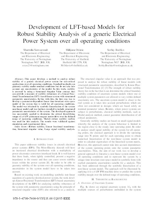 Development of LFT-based models for robust stability analysis of a generic electrical power system over all operating conditions Thumbnail