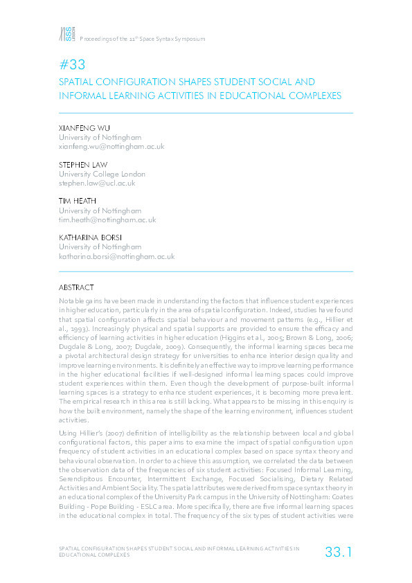 Spatial configuration shapes student social and informal learning activities in educational complexes Thumbnail