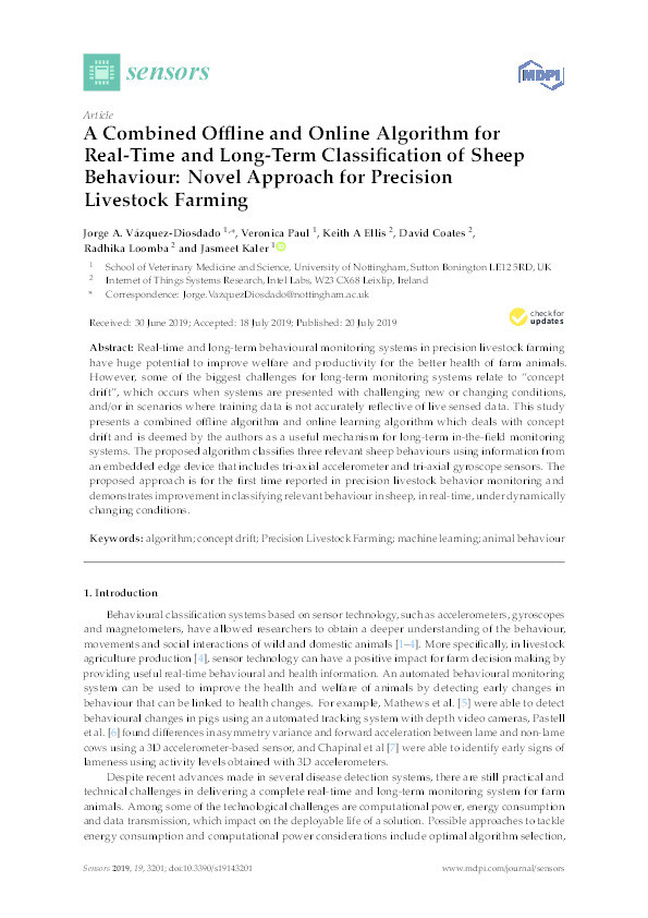 A Combined Offline and Online Algorithm for Real-Time and Long-Term Classification of Sheep Behaviour: Novel Approach for Precision Livestock Farming Thumbnail