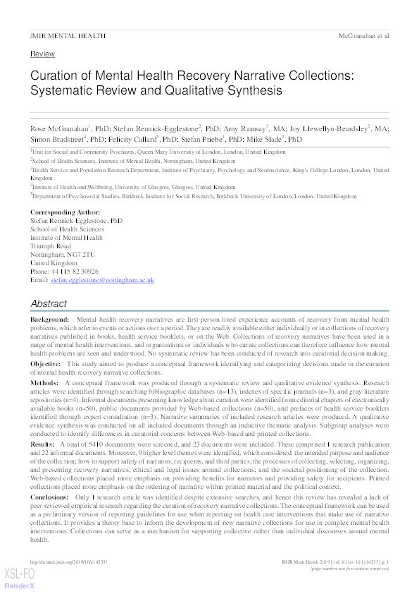 Curation of Mental Health Recovery Narrative Collections: Systematic Review and Qualitative Synthesis Thumbnail