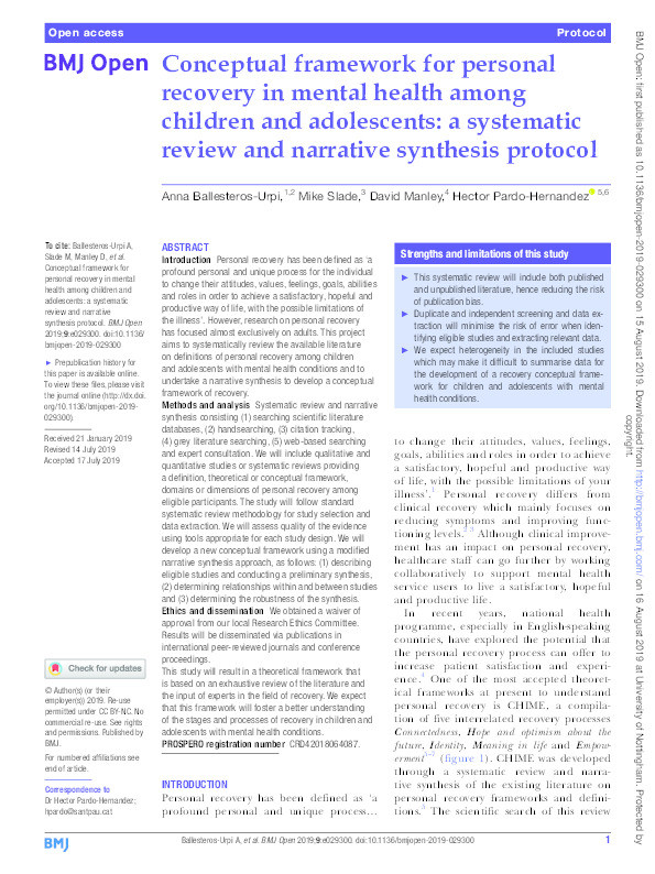 Conceptual framework for personal recovery in mental health among children and adolescents: a systematic review and narrative synthesis protocol Thumbnail