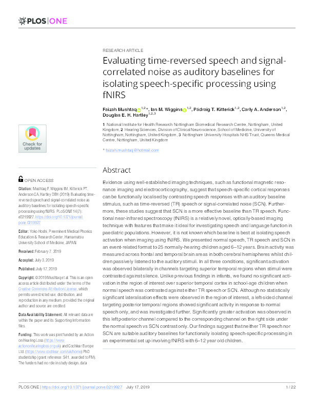 Evaluating time-reversed speech and signal-correlated noise as auditory baselines for isolating speech-specific processing using fNIRS Thumbnail