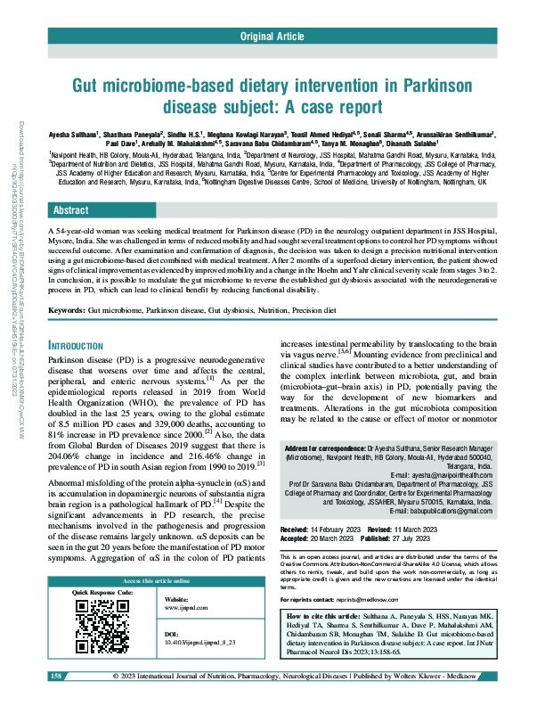 Gut microbiome-based dietary intervention in Parkinson disease subject: A case report Thumbnail