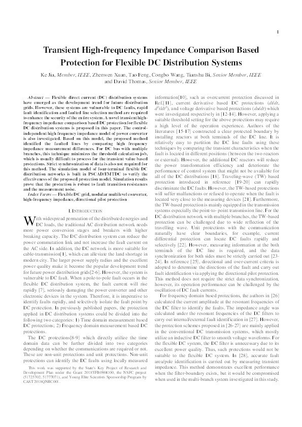 Transient high-frequency impedance comparison-based protection for flexible DC distribution systems Thumbnail