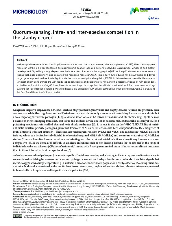 Quorum-sensing, intra- and inter-species competition in the staphylococci Thumbnail