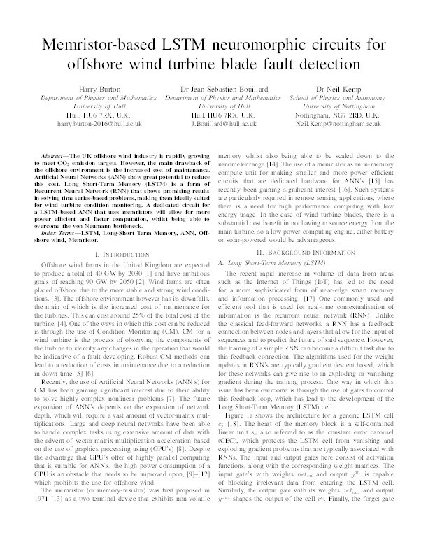 Memristor-based LSTM neuromorphic circuits for offshore wind turbine blade fault detection Thumbnail