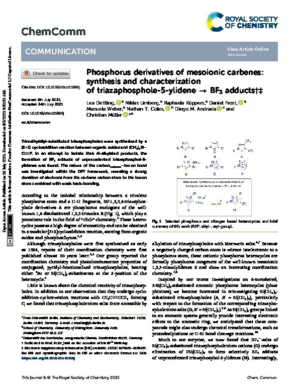 Phosphorus derivatives of mesoionic carbenes: synthesis and characterization of triazaphosphole-5-ylidene → BF 3 adducts † ‡ Thumbnail