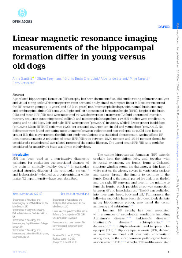 Linear magnetic resonance imaging measurements of the hippocampal formation differ in young versus old dogs Thumbnail