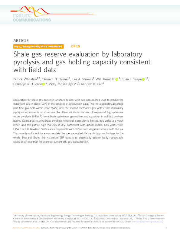 Shale gas reserve evaluation by laboratory pyrolysis and gas holding capacity consistent with field data Thumbnail