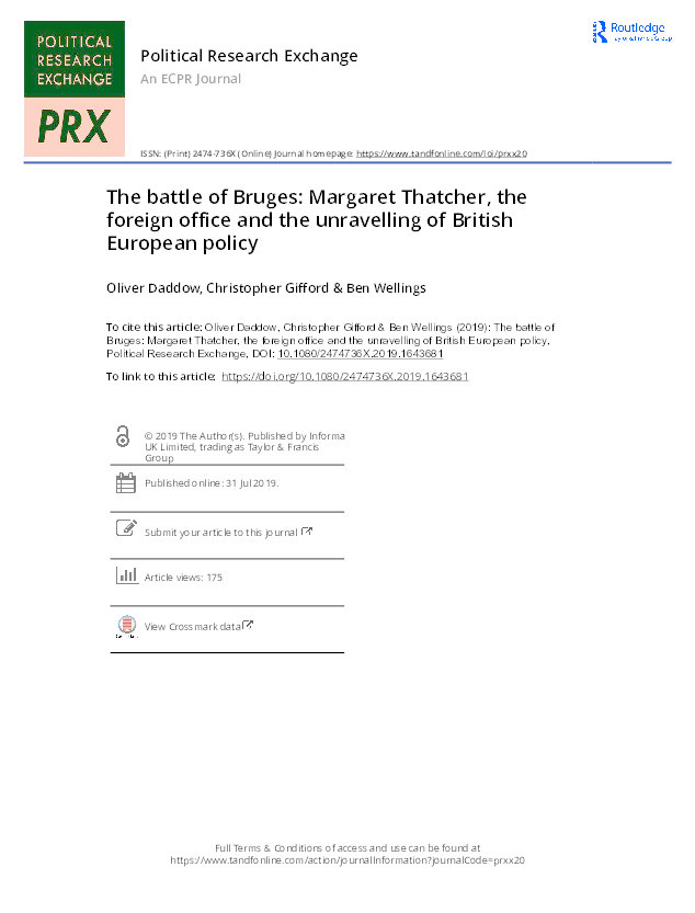 The Battle of Bruges: Margaret Thatcher, the Foreign Office and the Unravelling of British European Policy Thumbnail