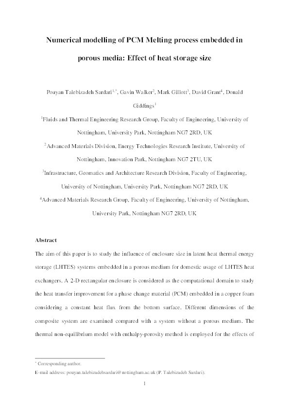 Numerical modelling of phase change material melting process embedded in porous media: Effect of heat storage size Thumbnail