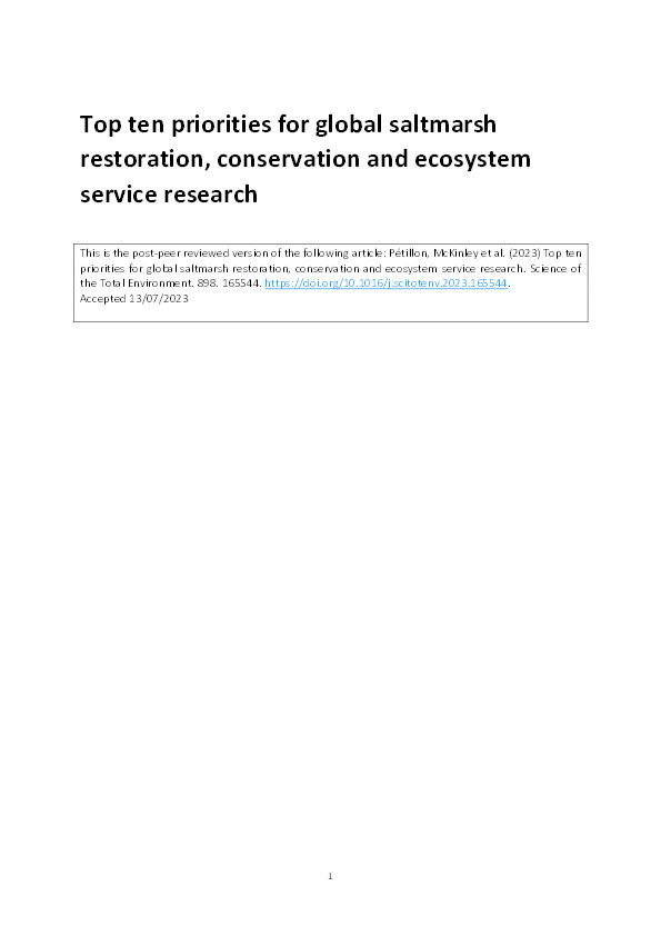 Top ten priorities for global saltmarsh restoration, conservation and ecosystem service research Thumbnail